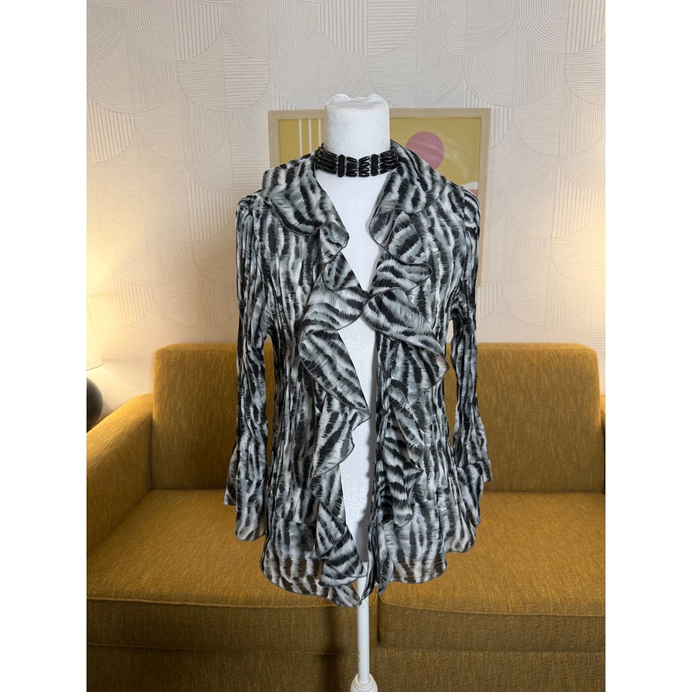 Bethany Ruffle Front Blouse Grey Black Zebra Print Bell Sleeve Top Medium 8/10 - Picture 2 of 7